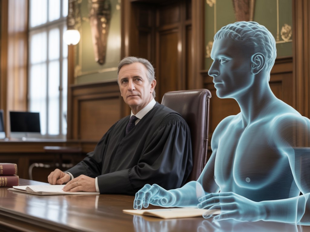 Un giudice è seduto alla scrivania in un'aula di tribunale, con lo sguardo rivolto in avanti, mentre una figura digitale traslucida blu simile a un essere umano siede accanto a lui, suggerendo l'uso di tecnologie virtuali o AI nei procedimenti legali.