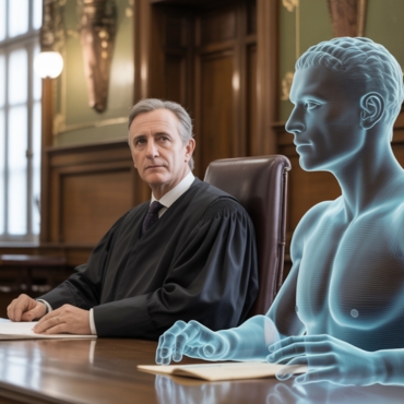 Un giudice siede in un'aula di tribunale accanto a una figura ologrammatica traslucida e blu, che fonde elementi di legge, tecnologia avanzata e processi come le traduzioni asseverate in un ambiente formale.