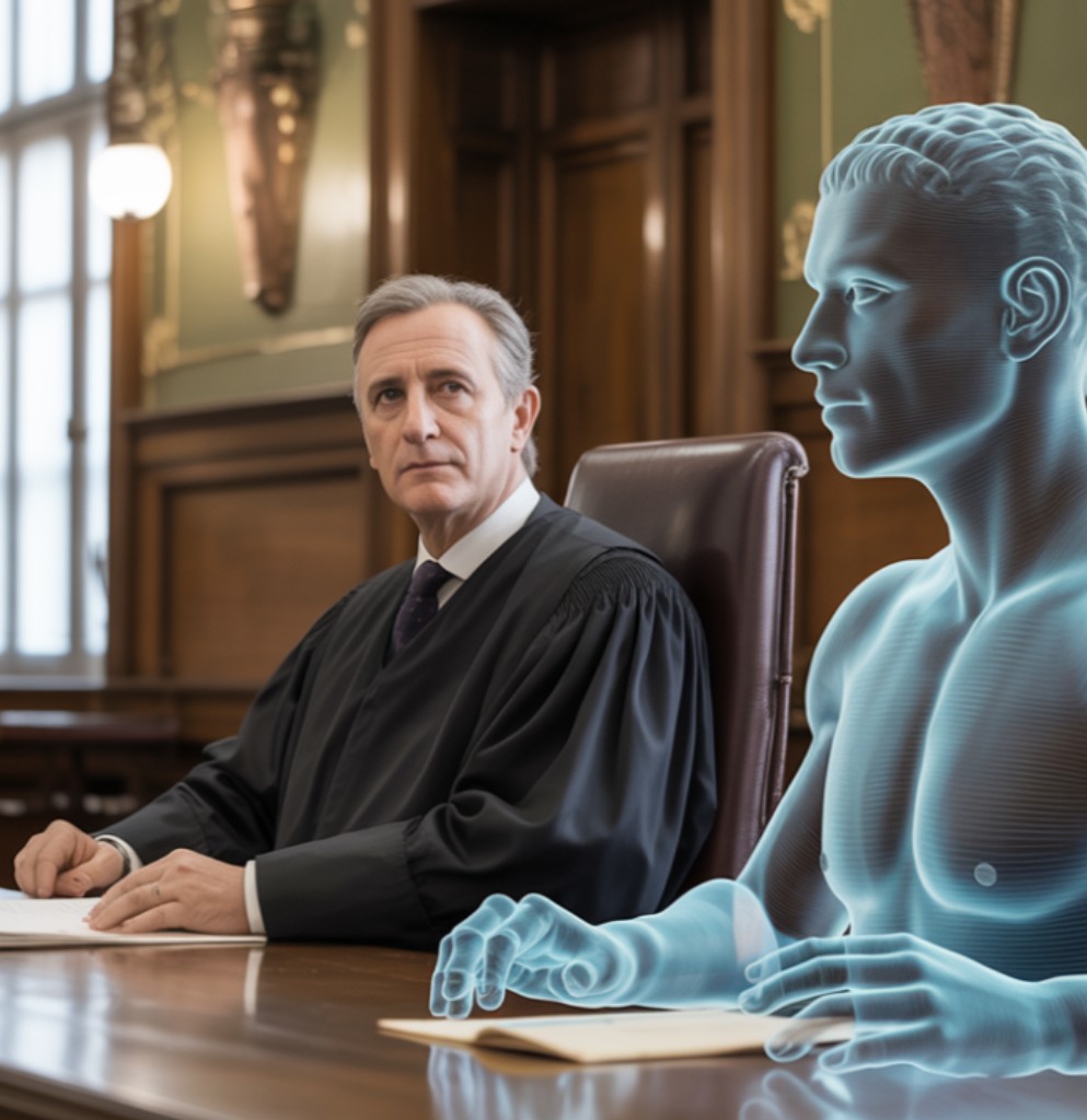 Un giudice è seduto alla scrivania in un'aula di tribunale rivestita in legno, accanto a una figura digitale traslucida e colorata di blu, che fonde la tradizione giuridica con la tecnologia moderna e i temi delle traduzioni asseverate.
