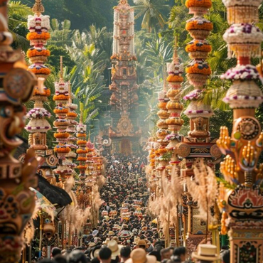Una grande folla si riunisce in un vivace festival all'aperto, circondato da alte decorazioni floreali e strutture cerimoniali colorate, con alberi verdi sullo sfondo.