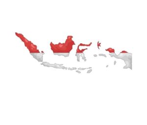 Una mappa schematica dell'Indonesia colorata con i colori rosso e bianco della bandiera indonesiana, con il rosso nella metà superiore e il bianco nella metà inferiore di ciascuna isola, su uno sfondo bianco.