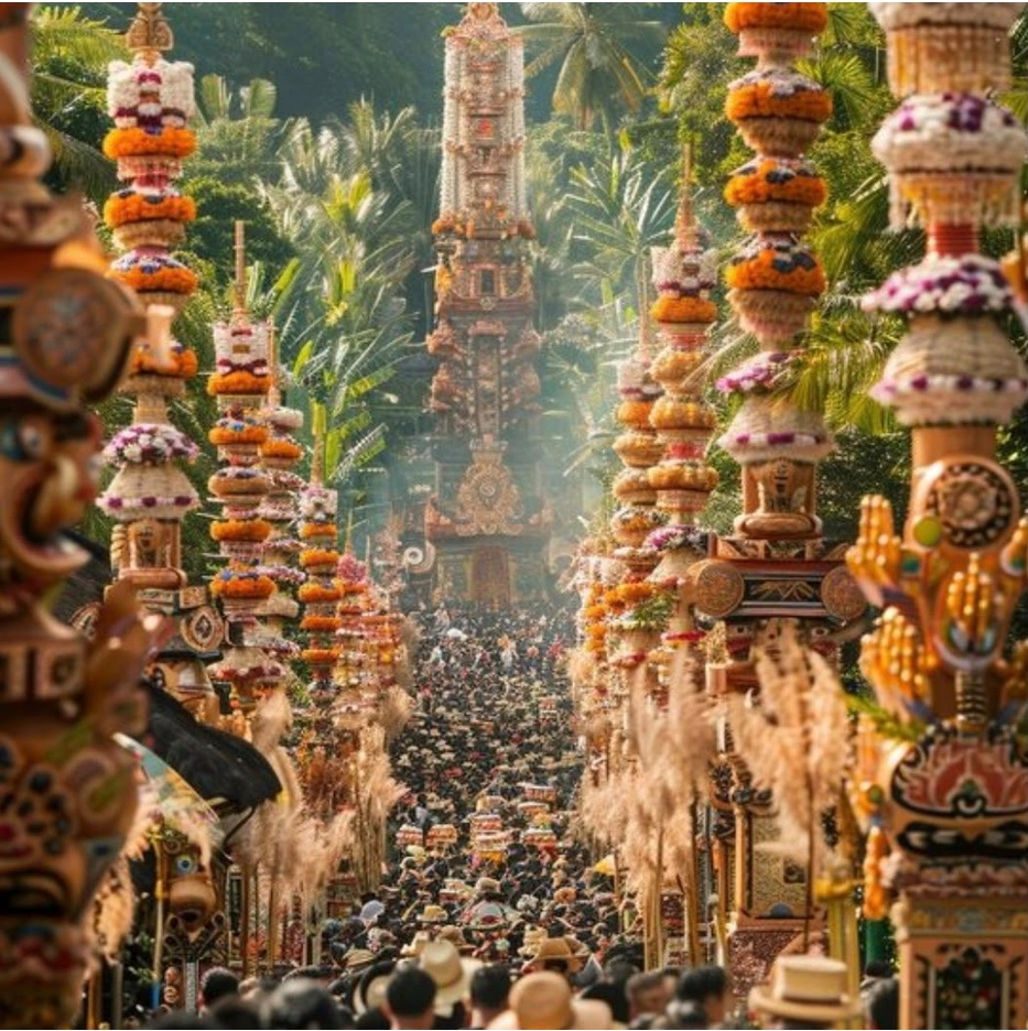 Una grande folla si riunisce per un vivace festival all'aperto, circondato da alti pilastri decorati con fiori e offerte, con una vegetazione lussureggiante e una grande torre intricata sullo sfondo.