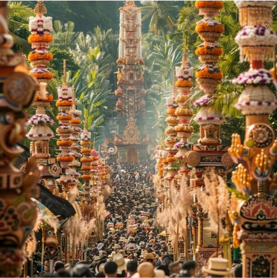 Una grande folla si riunisce per un vivace festival all'aperto, circondato da alti pilastri decorati con fiori e offerte, con una vegetazione lussureggiante e una grande torre intricata sullo sfondo.