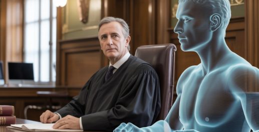 Un giudice è seduto alla scrivania in un'aula di tribunale, con lo sguardo rivolto in avanti, mentre una figura digitale traslucida blu simile a un essere umano siede accanto a lui, suggerendo l'uso di tecnologie virtuali o AI nei procedimenti legali.