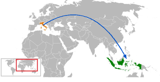 Una mappa su cui è raffigurata una freccia blu che punta dall'Italia (evidenziata in arancione) all'Indonesia (evidenziata in verde), a illustrare un collegamento o un itinerario di viaggio tra i due paesi.
